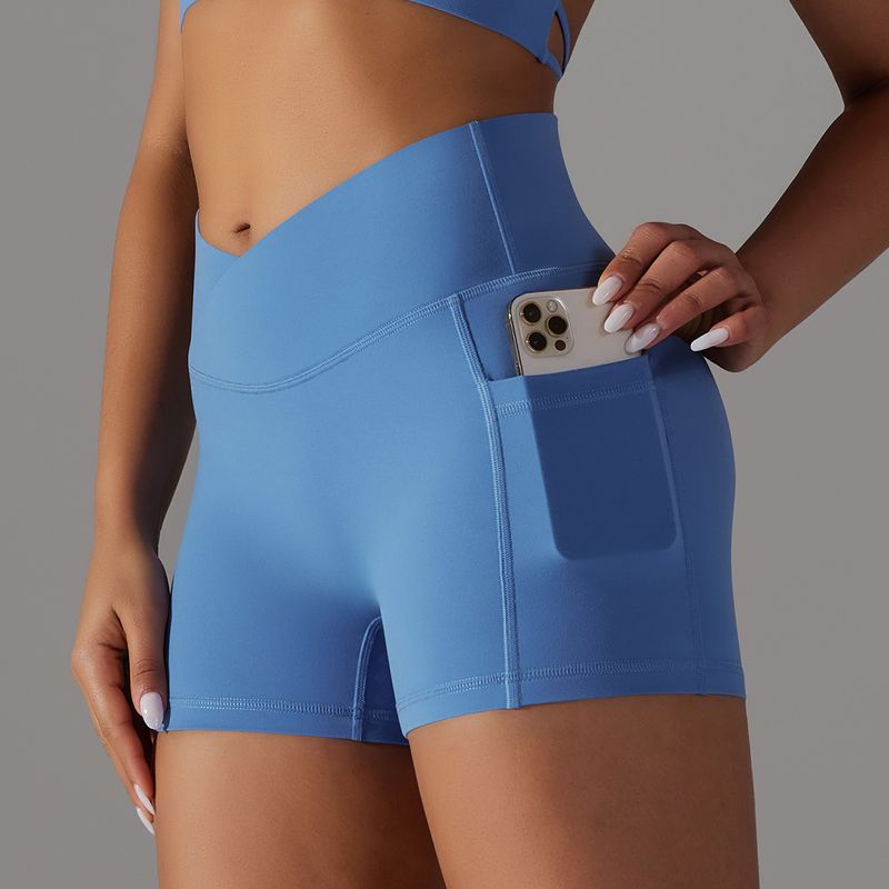 Double sided nylon suede cross V-waist pocket fitness yoga shorts running sports cropped pants for women_voghion.com