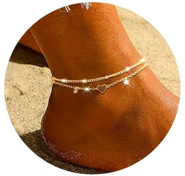 New Fashion Zircon Heart Anklet For Women Waterproof Simple Heart-Shaped Layered Chain Foot Jewelry Set Gift_voghion.com