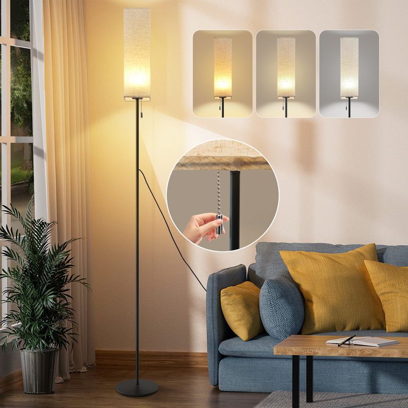 Stehlampe Wohnzimmer LED Stehleuchte: Dimmbar Standleuchte Vintage Standlampe Beige Lampenschirm 3000K-6500K Seilzugschalter Stoff Leselampe_voghion.com