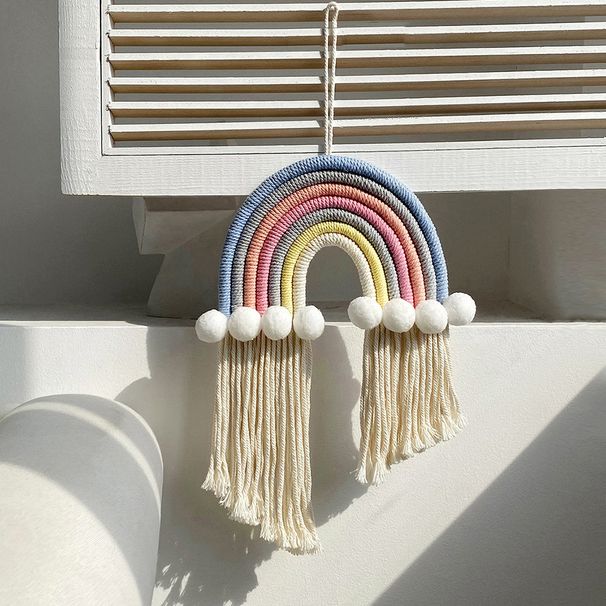 ins stile nordico arazzo fatto a mano intrecciato filo di cotone colorato arcobaleno stanza del bambino arazzo da parete decorazione da parete forcina portaoggetti_voghion.com