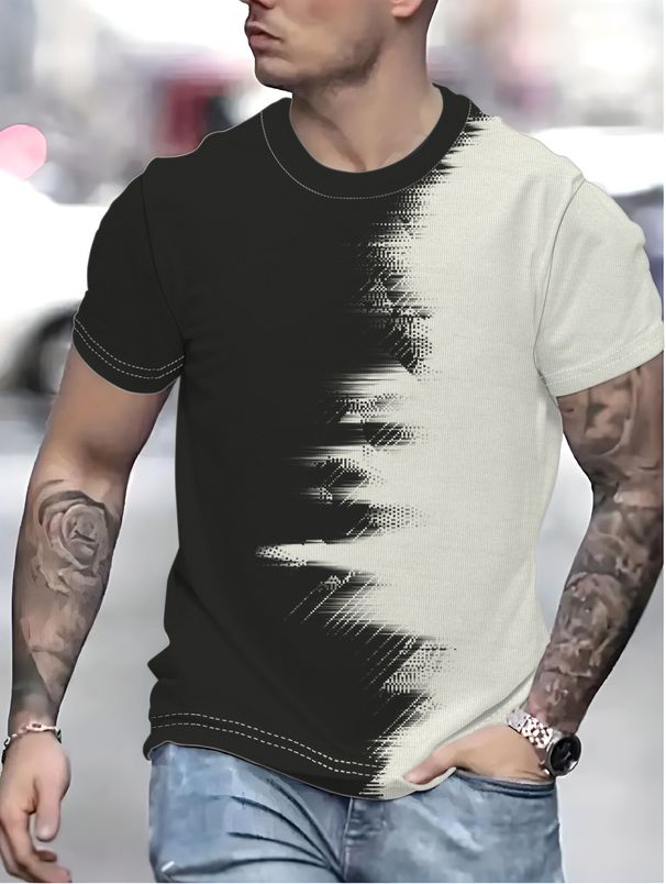 2025 Siyah Beyaz Kontrast 3D Baskılı Erkek Kısa Kollu Tişört Deseni_voghion.com