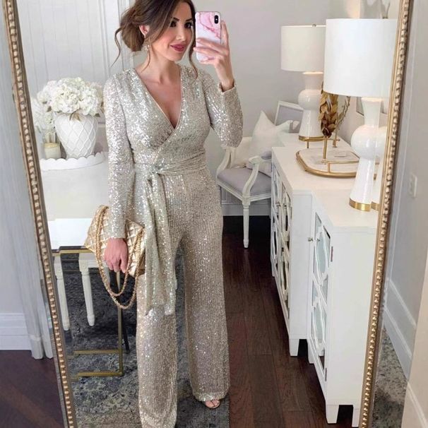 Glitter Sequin Wrap V-Neck Jumpsuit For Women - Stylish Long Sleeve Belted Romper, Casual & Party Outfit (Black, Silver,)_voghion.com
