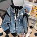 Women's Clothing Women's Denim Patchwork Hooded Sweater Coat - Casual Loose Fit Layered Style_voghion.com