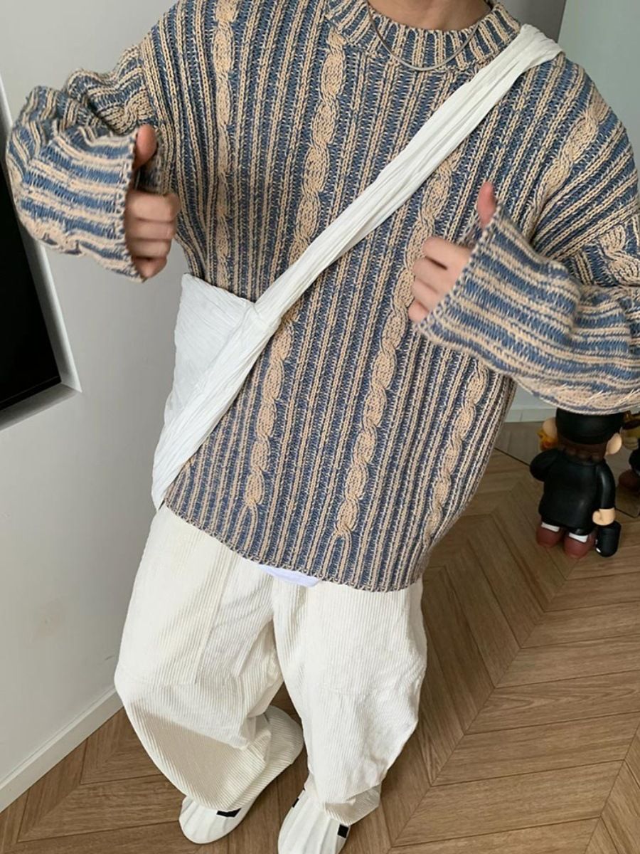 Herreklær Cleanfit guttegenser høst- og vinterklær retro kontrastfarget rund hals casual genser for menn_voghion.com