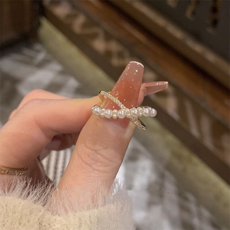 Lahek, luksuzen prstan z bisernim križem, ženski notranji temperament, nežen, super bliskovit nišni osebni prstan, ki se ujema s kazalcem, nastavljiv_voghion.com