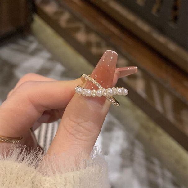 Lahek, luksuzen prstan z bisernim križem, ženski notranji temperament, nežen, super bliskovit nišni osebni prstan, ki se ujema s kazalcem, nastavljiv_voghion.com