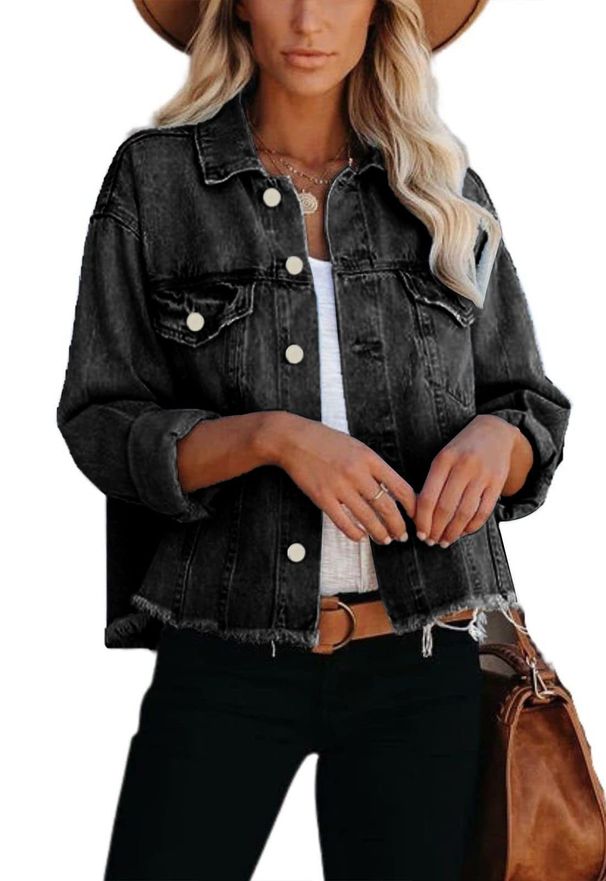 Women's Distressed Denim Jacket With Fringe Hem & Button Closure - Vintage Washed Short Cropped Casual Jacket For Women_voghion.com