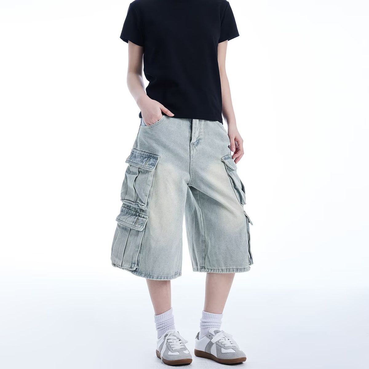 Multi-Pocket Cargo Jeans For Men And Women American Style Vintage Straight-Leg Cropped Slimming Loose Pants_voghion.com
