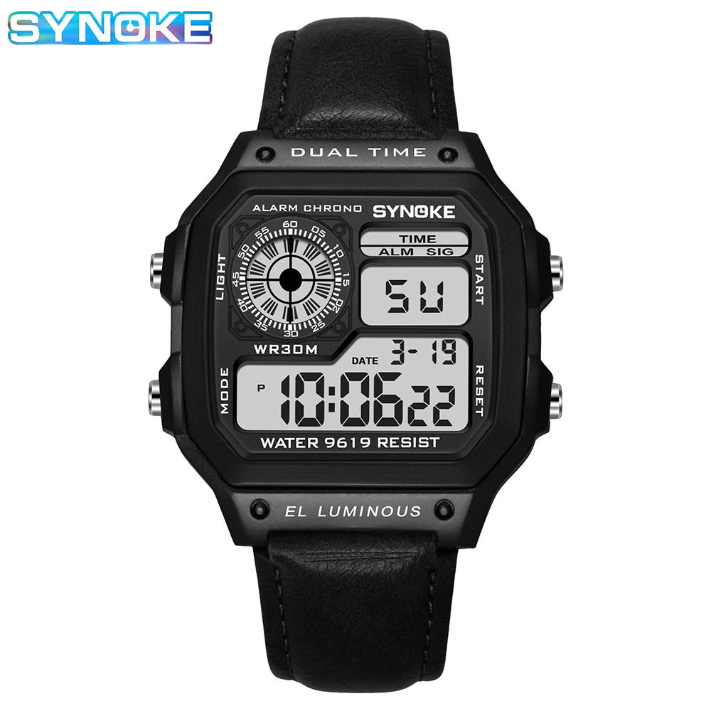 Retro Classic Square Digital Watch For Men With Leather Strap, Waterproof, Multifunction, Luminous Display, 30M Water Resistance Multi Function Square_voghion.com