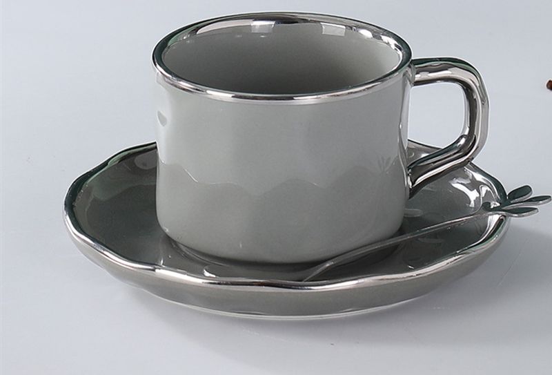 European Silver Coffee Cup Set Ceramic Coffee Cup Set Premium Light Luxury with Rack Spoon Latte Cup_voghion.com