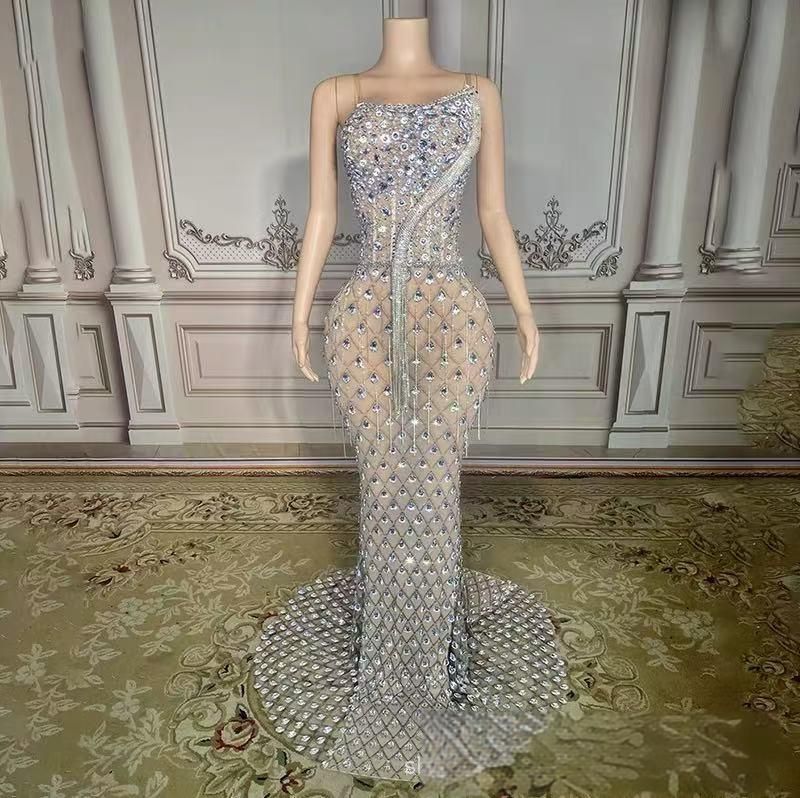 Women's Clothing New Heavy Duty Luxury Sexy Full Diamond Tight Rhinestone Shining Dress Long Skirt Tail Tassel Gift_voghion.com