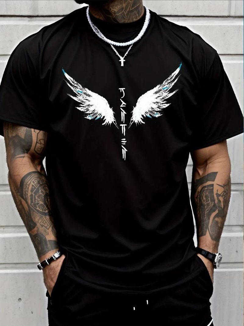Men's Angel Wings Japanese Calligraphy Print T-Shirt - Casual Versatile Short Sleeve Crew Neck, Black With White And Blue Wings Graphic, 240g Cotton_voghion.com