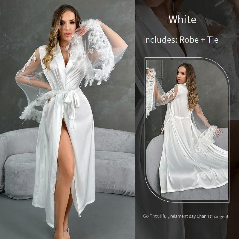 Women's Sleepwears New Sexy Nightgown Plus Long Bathrobe Pajamas Female Long Sleeve Feather Ladies Satin Home Clothes_voghion.com