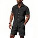 Herrenbekleidung Herren Sommer Leinenanzug Gestreiftes Lockeres Kurzarmhemd Strandshorts Zweiteiliger Anzug_voghion.com