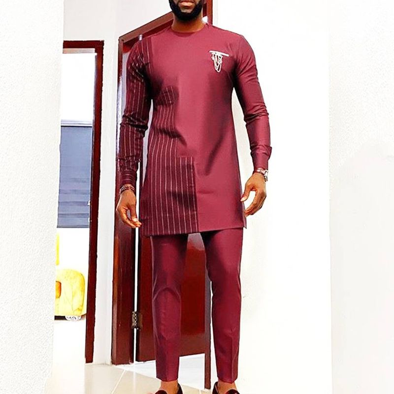 Herren Moslem Independent Station Dunkelrotes Robe-Hemd-Hose-Set mit Rundhalsausschnitt im Ethno-Stil 1213639_voghion.com
