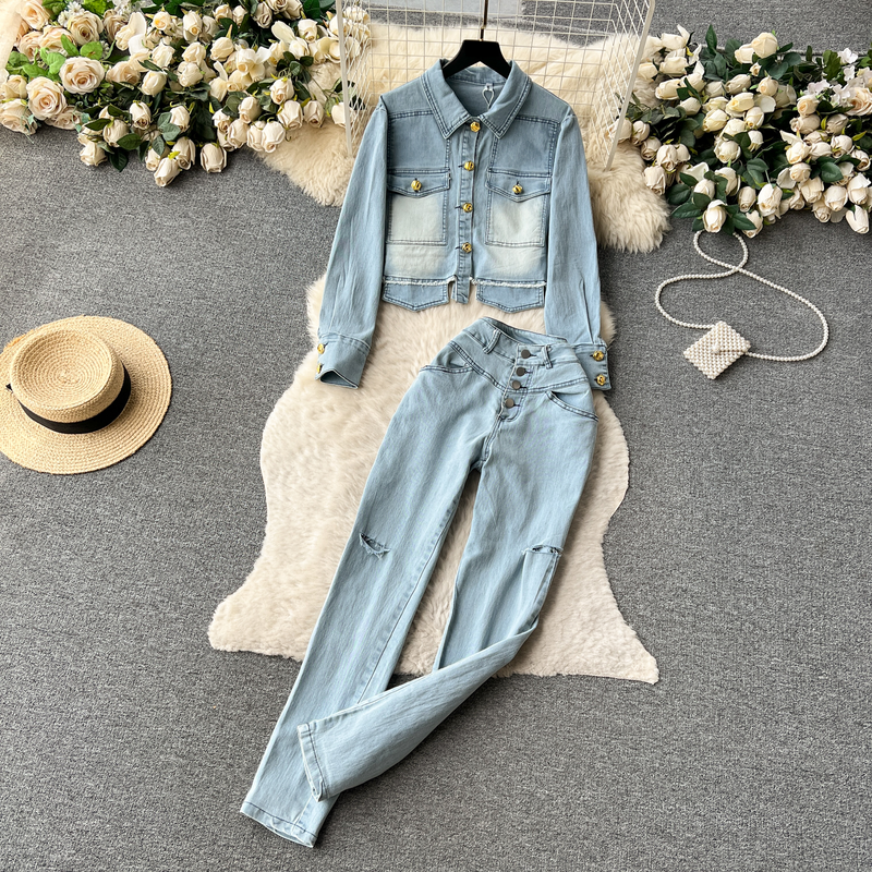 Women's Clothing Sweet And Cool Hot Girl Retro Distressed Hole Design Denim Suit Female Autumn Long Sleeved Shirt + High Waist Slim Trousers_voghion.com