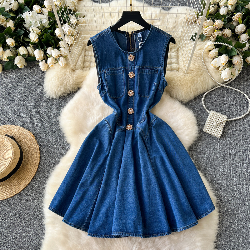 Vêtements pour femmes, gilet sans manches, jupe en jean, taille amincissante, robe plissée à simple boutonnage et perles lourdes_voghion.com