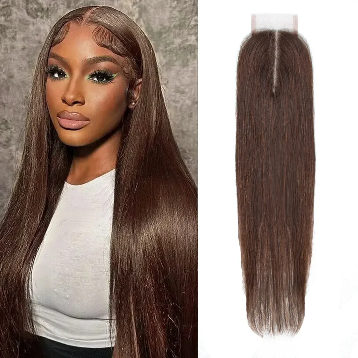 100% ægte hår, glat, blondelukning, mørkebrun, gennemsigtig, schweizisk blondelukning, brun farve_voghion.com