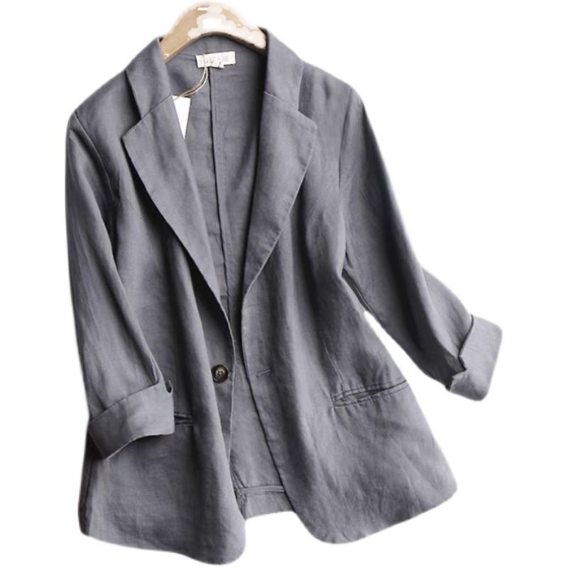 Giacca da abito piccola da donna, in cotone e lino, tinta unita, con maniche a tre quarti, alla moda e ampia_voghion.com