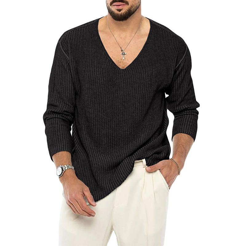 Maglione con scollo a V da uomo Maglione in maglia moda autunno e inverno tinta unita a maniche lunghe_voghion.com