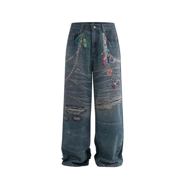 Herrenjeans im Vintage-Kettenprint – Entspannte Baggy-Hose mit geradem Bein und 3D-Details (S-XL, Blau)_voghion.com
