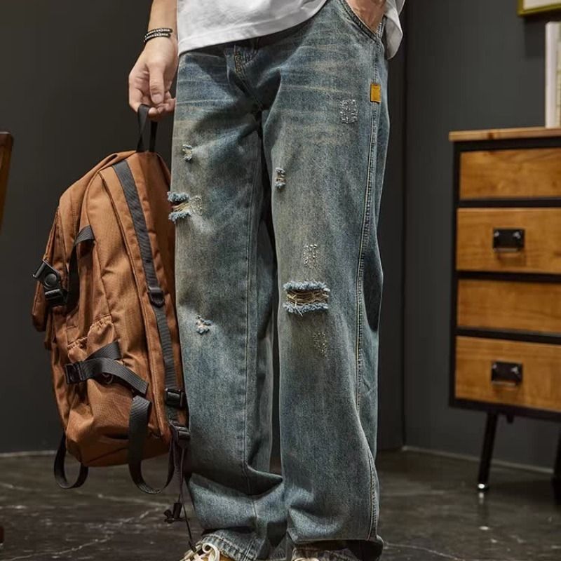 Men's Clothing Light Blue Washed Jeans Men's American Loose Straight Pants Spring And Summer Trendy High Street Wide Leg Casual Long Pants_voghion.com