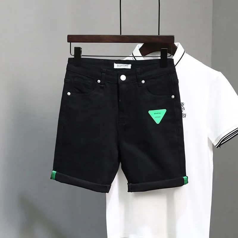 Pantaloni a spacco spezzati personalizzati da mendicante alla moda per ragazzi 2024 Estate versatile slim fit e bei pantaloncini di jeans neri_voghion.com