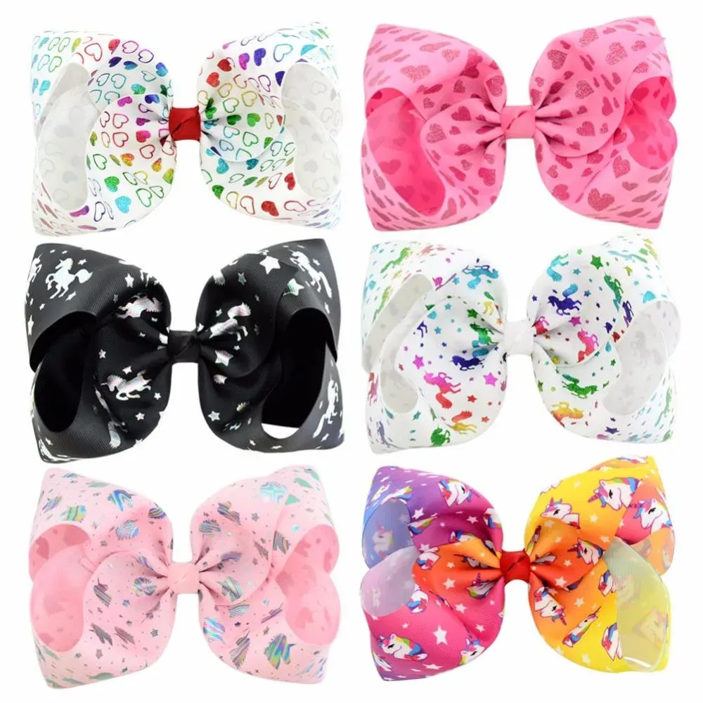 8pcs/Lot 8" Large Size Colorful Unicorn Heart Star Print Grosgrain Ribbon Bows With Clip Girls Handmade Hair Accessory_voghion.com