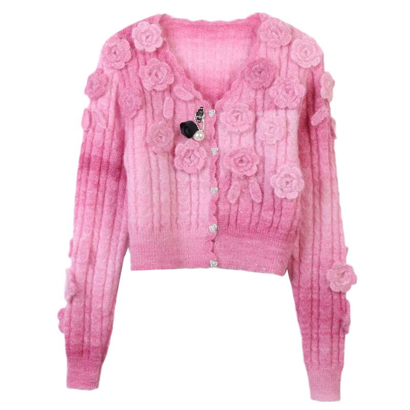 Maglione da donna autunno e inverno nuovo abbigliamento da donna fiore tridimensionale scollo a V manica lunga sottile corto dolce cardigan lavorato a maglia_voghion.com