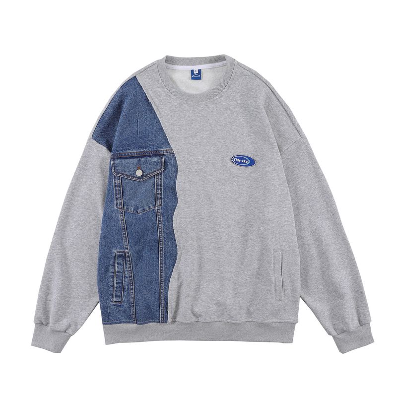 Men's Clothing Heavy denim splicing sweatshirt men's trend ins high street new pullover hip hop loose bf lazy style_voghion.com