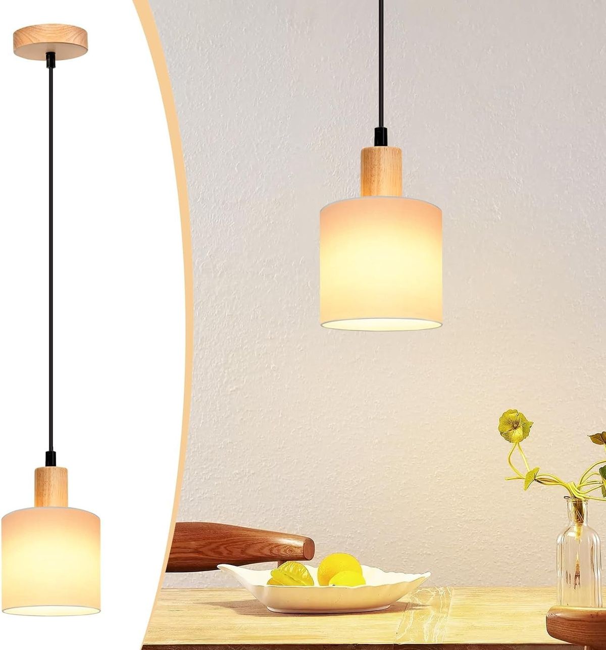 Glitzerlife Pendelleuchte 1 Flammig Esstischlampe Holz - E14 Weiß Esszimmerlampe Vintage Hängelampe Rustikal Küche Flurlampe Stoff Für Restaurant Schlafzimmer_voghion.com
