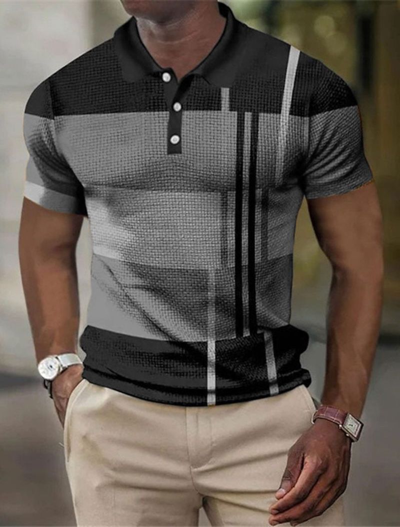 Herrenbekleidung Poloshirt Waffelstreifenmuster Druckmuster Geometrisches Muster 3D-Digitaldruck_voghion.com