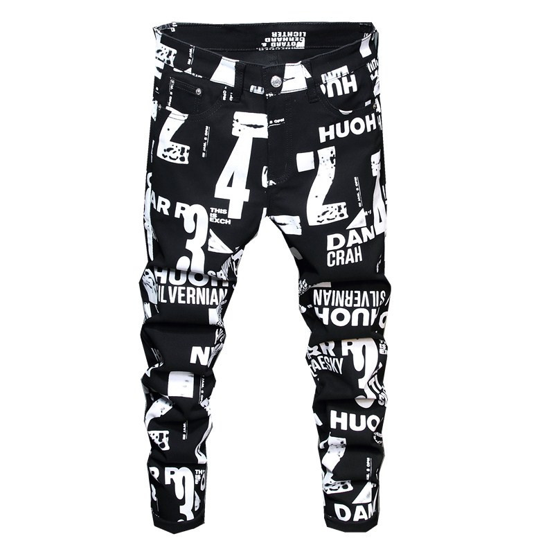 Pantalon imprimé lettre à la mode pour hommes version coréenne coupe ajustée jean décontracté petit pied à la mode non grand public_voghion.com