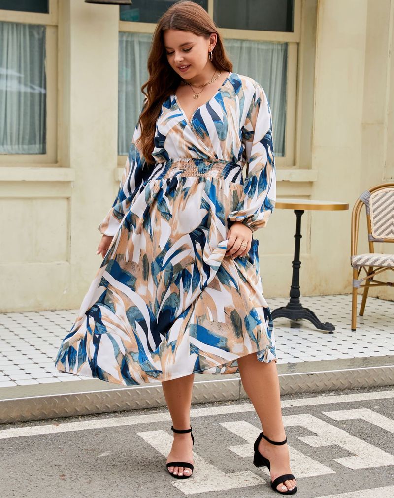 Elegante abito da donna con scollo a V e stampa floreale, taglie forti - Abito midi a trapezio con maniche lunghe, comodo misto poliestere, moda autunnale_voghion.com