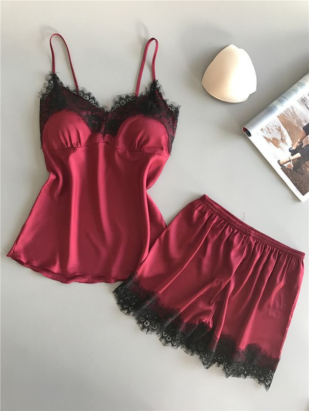 Women's Sleepwears Summer Sexy Ice Silk Two Piece Set With Silk Shorts Gathered Large Size Thin Home Clothes_voghion.com