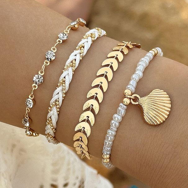 Rice String Beads Braided Rope Shell Four-Layer Anklet Geometric Inlaid Diamond Leaf Multi-Layer Foot Jewelry Set_voghion.com