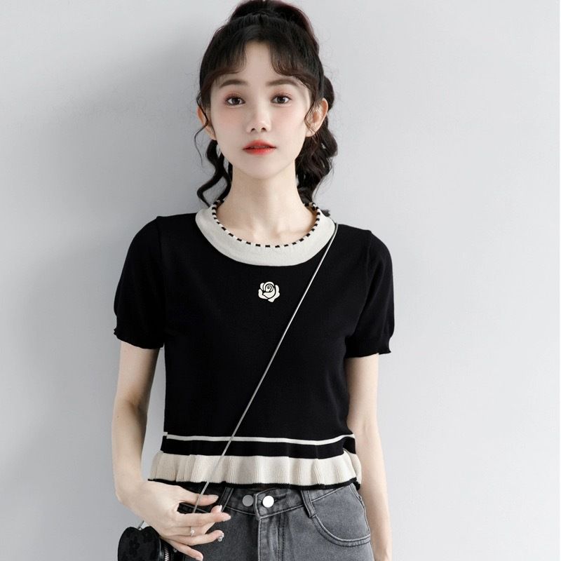 2024 Sommer Neues schickes Slim Fit Top mit Rüschenrand für Frauen mit hoher Taille, schwarzes Kurzarm-Strickhemd aus Eisseide_voghion.com