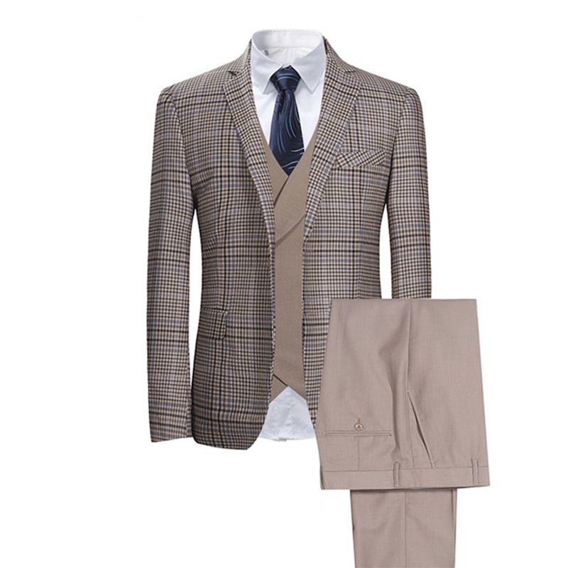 Herren Business Casual Karoanzug dreiteiliger Bräutigam Trauzeuge Hochzeitsbankettanzug_voghion.com