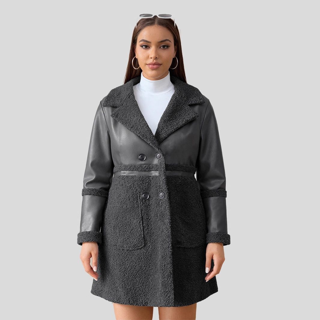 Giacca in pelle da donna di media lunghezza con patchwork, reversibile, foderata in pile, cappotto in pelle di pecora ispessita 2024_voghion.com