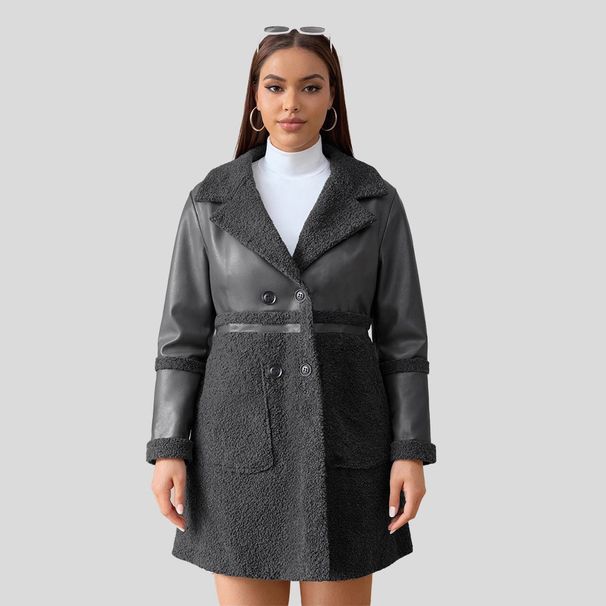 Giacca in pelle da donna di media lunghezza con patchwork, reversibile, foderata in pile, cappotto in pelle di pecora ispessita 2024_voghion.com