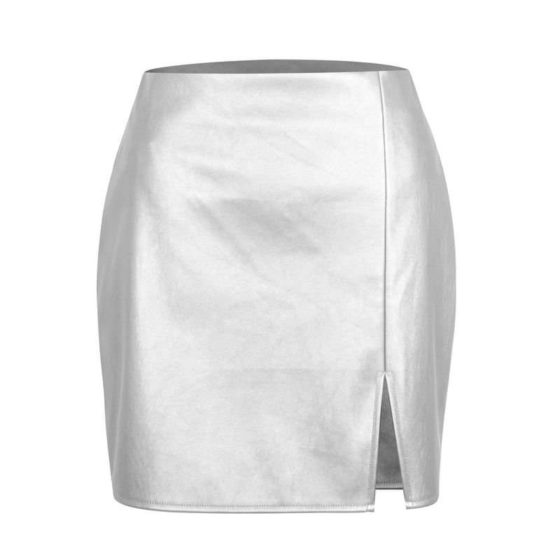 Women's metallic PU split leather skirt sexy high-waisted zipper skirt package hip skirt_voghion.com