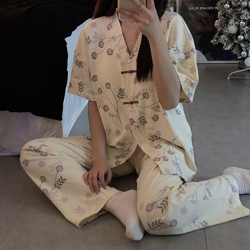Pigiama estivo da donna a maniche corte in cotone sottile, set di pantaloni lunghi estivi carini, pullover in diretta streaming_voghion.com
