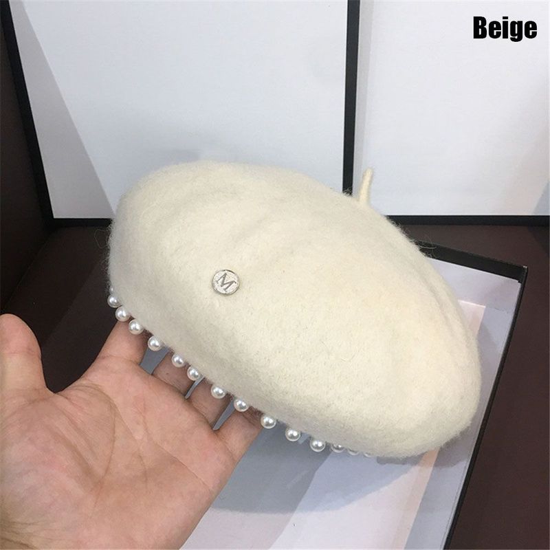 Boinas de lana elegantes para mujer, gorro de invierno cálido estilo artista francés, boina con decoración de perlas, color sólido, moda para mujer_voghion.com