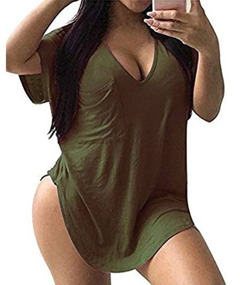 2025 Einfarbiges Damen-T-Shirt mit V-Ausschnitt in Übergröße_voghion.com