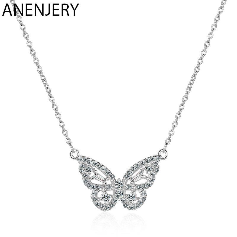 Vendite calde ANENJERY Collana con ciondolo a farfalla in zircone cubico color argento per donna, girocollo, gioielli da sposa e fidanzamento, regalo S-N707_voghion.com