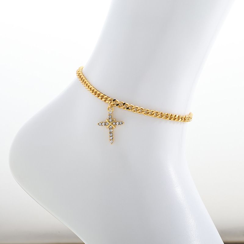 Conjunto de cadena de cintura con colgante de cruz de hip hop para mujer: cadena simple y en capas con cristales, estilo minimalista, para cintura y tobillo._voghion.com