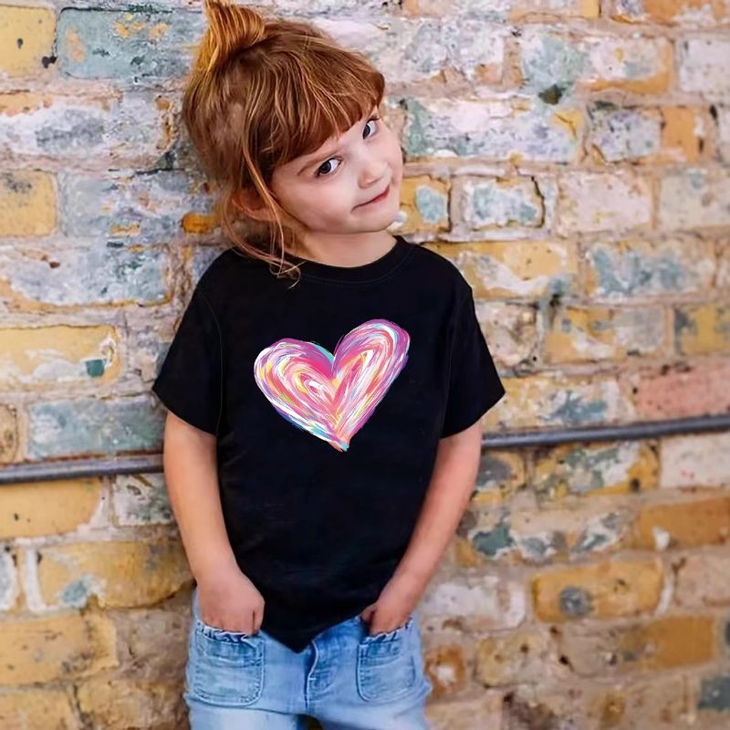 Kinderkleidung Buntes Liebesbild Mädchen Rundhals-T-Shirt Lässige Sommerkleidung für Kinder Geeignet für 1-8 Jahre_voghion.com