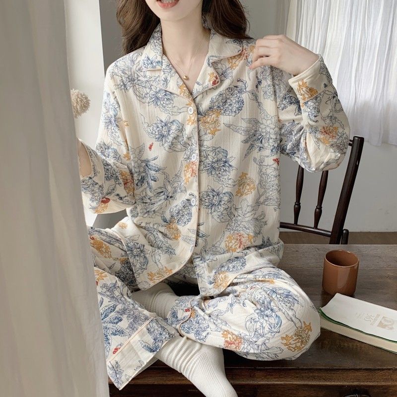Pijamas femininos outono inverno novas roupas femininas manga comprida jacquard algodão cardigan simples e usável casa terno_voghion.com