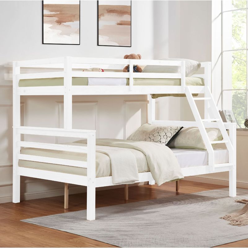 Twin Over Full Bunk Bed With Thick Posts,Wooden Bunk Bed With High Guardrail And Ladder For Kids, Teens, Dorm Rooms, And Guest Rooms,No Box Spring Needed,White_voghion.com