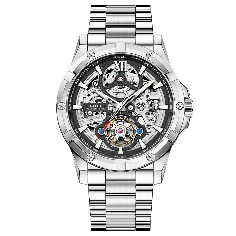 Men's Automatic Skeleton Mechanical Watch With Luminous Hands, Stainless Steel Band, 42mm Round Dial, 30M Water Resistant Fully Automatic Mechanical_voghion.com